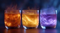 Glowing magical drinks in glass tumblers with swirling smoke effects inside, featuring orange, golden yellow and purple ethereal liquid compositions.