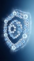 Glowing digital shield composed of interconnected spheres and bubbles with luminous particles on blue background, representing cybersecurity, data protection, and network defense.