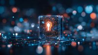 Glowing keyhole icon in transparent cube against dark background with colorful bokeh lights, representing digital security and access control.