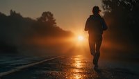 Silhouette of athletic runner jogging on wet asphalt road during golden hour sunrise with warm sunlight and trees creating peaceful morning exercise scene.