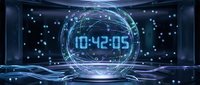 Futuristic digital clock displaying time in glowing holographic sphere with neon blue lights and sci-fi interface elements for technology designs.