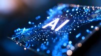 Glowing artificial intelligence processor chip with blue light effects and bokeh particles on dark background, modern technology concept for machine learning.