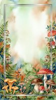 Watercolor autumn forest frame with mushrooms, ferns and foliage on soft gradient background for seasonal designs and nature-themed projects.