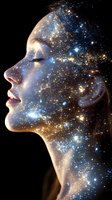 Female profile silhouette with cosmic galaxy double exposure effect showing stars, nebula and space elements merged with facial features on black background.