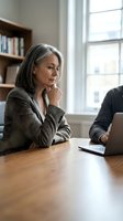 Mature woman with gray hair, Caucasian ethnicity, wearing brown cardigan, sitting at wooden table with laptop during business meeting or professional consultation in modern office.