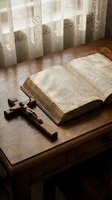 Open vintage bible with wooden cross on rustic table near lace curtain window creating peaceful spiritual atmosphere for prayer and meditation.