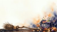 Witch cauldron with bubbling potion, magical broomstick, and autumn pumpkins on misty background. Perfect for Halloween designs, spooky graphics, and seasonal marketing materials.