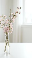 Cherry blossom branches with pink flowers in a glass vase on a white table, soft natural light, minimalist spring interior decor.
