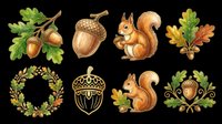 Autumn acorn and squirrel clipart set isolated on transparent background. Eight woodland design elements featuring acorns, oak leaves, and cute squirrels. Ready for t-shirts, stickers, sublimation, and print-on-demand projects.