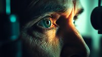 Close-up macro shot of intense human eye with dramatic teal lighting and deep shadows highlighting skin texture and iris detail. Artistic portrait photography.