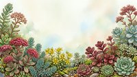 Watercolor succulent garden border with colorful plants and flowers on soft background for botanical design projects and nature-themed decorations.