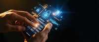 Businessman using smartphone with glowing digital interface icons for mobile banking, fintech apps, and online financial services technology.