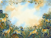 Ornate golden deer and floral frame with blue sky background, featuring decorative botanical borders and wildlife silhouettes for luxury design projects.