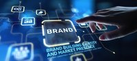 Business professional touching digital brand interface with glowing icons and marketing analytics data in futuristic technology concept for corporate identity.
