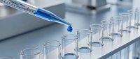 Laboratory pipette dispensing blue liquid into test tubes for scientific research and chemical analysis in modern lab setting.
