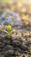 Green plant seedling emerging from soil with digital technology icons in protective bubble representing sustainable innovation and growth.