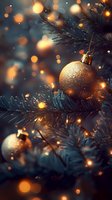 Golden Christmas baubles hanging on pine tree branches with magical bokeh lights and sparkles creating festive holiday atmosphere.