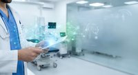 Healthcare professional using digital tablet with holographic medical data display in modern hospital operating room for advanced patient care and diagnosis.
