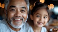 Smiling Asian grandfather and granddaughter sharing joyful moment at home. Close up portrait with warm bokeh lights creating cozy atmosphere. Family bonding and generations.