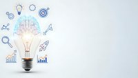 Light bulb with colorful brain network and business icons representing innovation, creativity, and strategic thinking for corporate presentations.