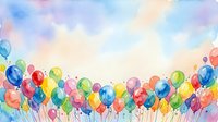 Colorful balloons floating against soft watercolor sky in pastel tones, suitable for celebrations, party invitations, greeting cards, and festive event designs.