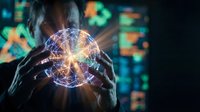 Hands holding glowing digital sphere with neural network connections against blurred tech background, representing artificial intelligence, data science, and innovation for technology concepts.