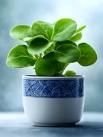 Fresh green peperomia plant with round leaves growing in decorative blue and white ceramic pot against soft blurred background, modern home decor styling.