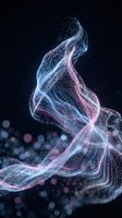 Abstract flowing particles in blue and pink tones swirl against dark background with bokeh lights, creating ethereal wave motion effect for digital design and technology concepts.