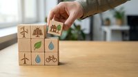 Hand placing wooden cube with eco-friendly symbols including solar panels, wind turbines, water drops, leaves and bicycle on desk for sustainability concept.