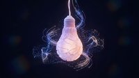 Glowing light bulb with swirling energy particles and luminous trails on dark background symbolizing innovation, creativity and bright ideas for business.