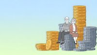 Senior couple sitting on stacks of coins representing retirement savings and financial planning for elderly people with copy space.