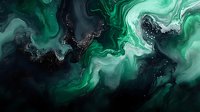 Abstract fluid art in emerald green and black with swirling marble effect and glitter particles creating cosmic nebula appearance. Luxury modern wall decor background.