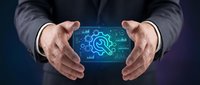 Businessman hands protecting digital brain with AI circuits and data analytics symbols representing artificial intelligence technology innovation.