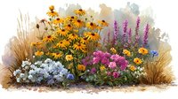 Watercolor wildflower garden with yellow daisies, purple lavender, pink blooms and ornamental grasses on white background for botanical design projects.