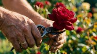 Gardener's hands holding pruning shears cutting a deep red rose bloom in a lush garden setting with blurred flowering plants in background.