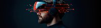 Man wearing virtual reality headset with red glowing elements and digital effects against dark background, profile view showing beard and immersive technology experience.
