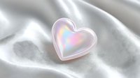 Holographic heart shape with iridescent rainbow colors on soft white silk fabric background for romantic design projects and love-themed decorations.