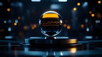 Levitating glass sphere with glowing orange stock market chart reflection against dark background with bokeh lights, floating on magnetic platform.