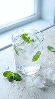 Refreshing mint water with ice cubes in glass on marble surface near window. Healthy hydration and summer cooling drink concept for wellness lifestyle.