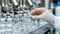 Medical researcher in protective gloves handling glass vials in pharmaceutical laboratory setting, conducting quality control tests of vaccine samples in sterile environment.