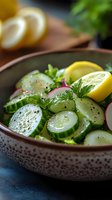 Fresh cucumber and radish salad with herbs, lemon and black pepper in ceramic bowl, close up view. Healthy vegetarian appetizer for summer menu.