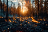Dramatic forest wildfire at sunset with burning ground and silhouetted pine trees, showcasing the raw power of nature. Perfect for environmental awareness campaigns and climate change articles.