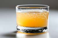 Fresh orange juice with bubbles in clear glass on light background, refreshing carbonated citrus beverage with fizzy texture and natural pulp.