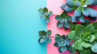Green succulent plants on split pink and turquoise background. Modern minimal botanical flat lay composition with copy space for creative design.
