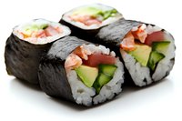 Fresh sushi rolls with salmon, cucumber and avocado wrapped in nori seaweed and white rice, arranged on white background, close up view of Japanese cuisine.