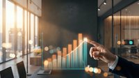 Businessman pointing at glowing orange and teal bar chart showing growth and financial data analysis in modern office with city skyline view for business reports.