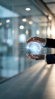 Businessman holding glowing brain hologram in modern office corridor, representing artificial intelligence, innovation, and digital technology solutions for business growth.