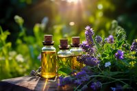 Essential oils in glass bottles with fresh lavender herbs in golden sunlight for natural aromatherapy and wellness treatments.