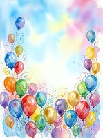 Watercolor colorful balloons border frame with copy space, festive celebration background for birthday cards, invitations, and party designs.