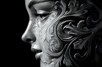 Female profile with ornate baroque swirl patterns overlaid on face in dramatic black and white contrast, artistic portrait showing ethereal beauty and mystery.